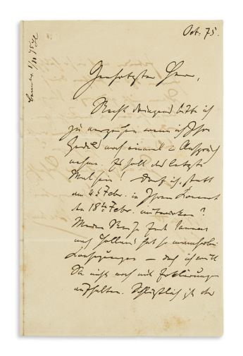 BRAHMS, JOHANNES. Autograph Letter Signed, J. Brahms, to an unnamed recipient (Esteemed Sir), in German,